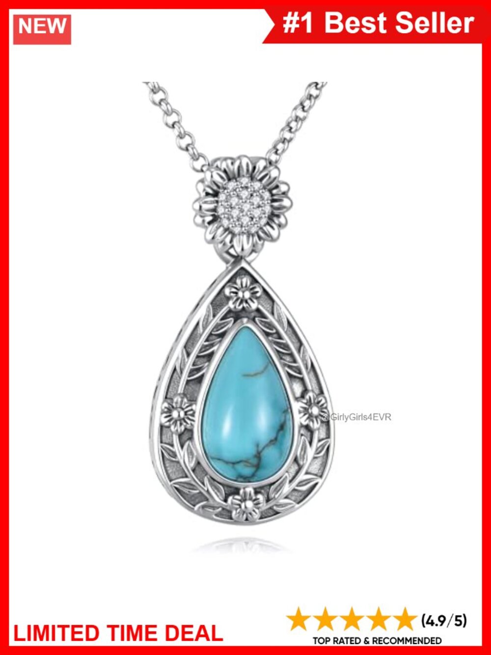 Sterling Silver Turquoise Sunflower Pendant Necklace Boho Jewelry